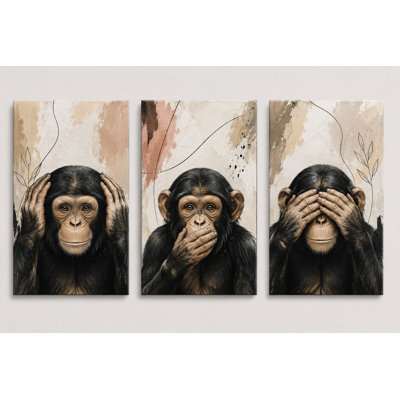 Large Set of 3 See No Evil Hear No Evil Speak No Evil Monkey Abstract Monkey Wall Art Canvas Prints, Modern Neutral Animal Decor for Bedroom Office 16x24 Inch Canvas Print - Ready to hang