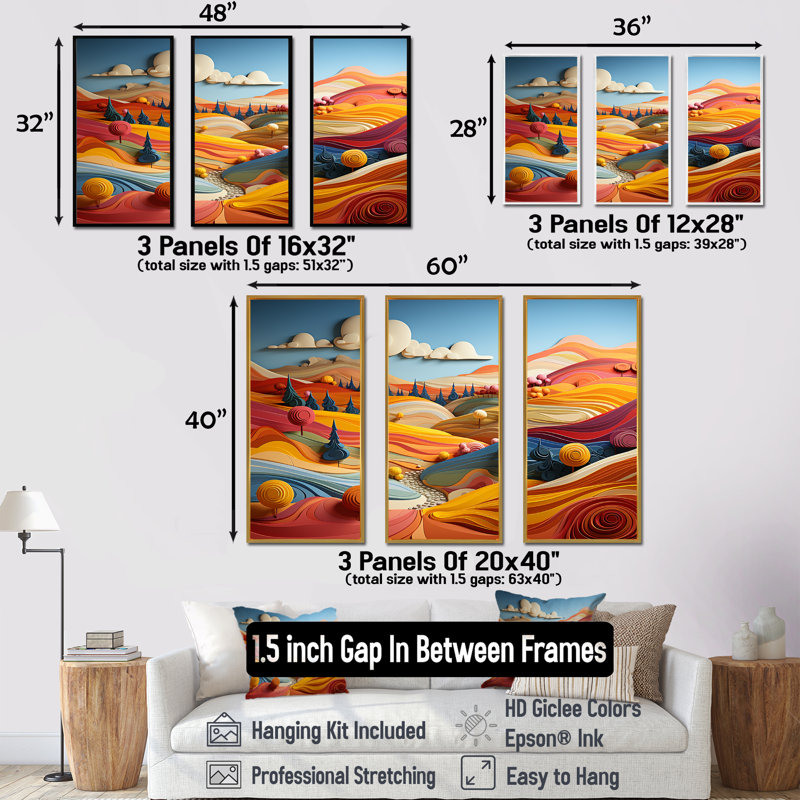 «Whimsical Fields of Color Landscape» - ensemble d'art mural imprimé campagne, Cadre flottant blanc