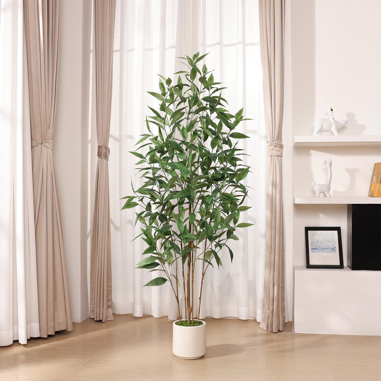 Artificial Eucalyptus Tree 5ft Tall Faux Plant - Realistic Greenery with 416 Leaves & 8.5in Elegant White Planter - Decorative Floor Tree for Home Decor