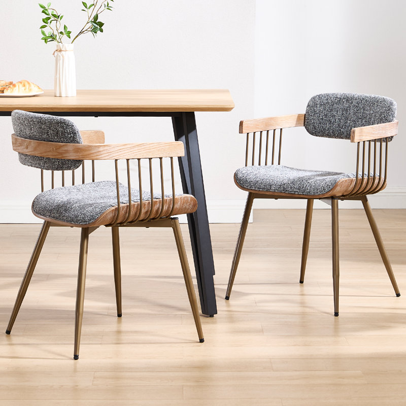 Modern upholstered dining chairs with back and armrests, with metal frame, for dining room / living room, Gris, Laiton