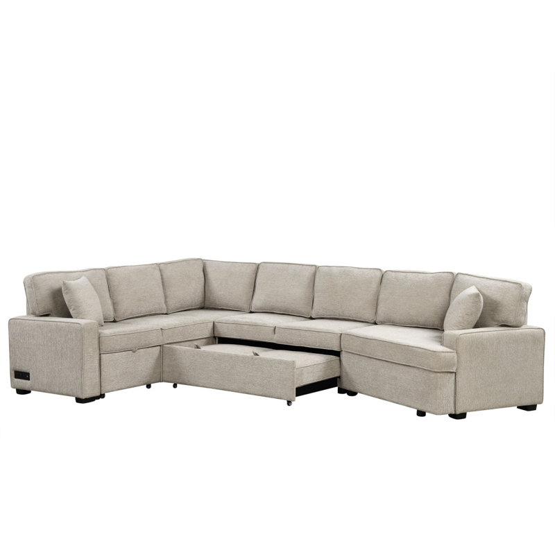 Canapé-lit modulaire en L avec canapé-lit escamotable avec dispositifs de chargement et porte-gobelets, Beige