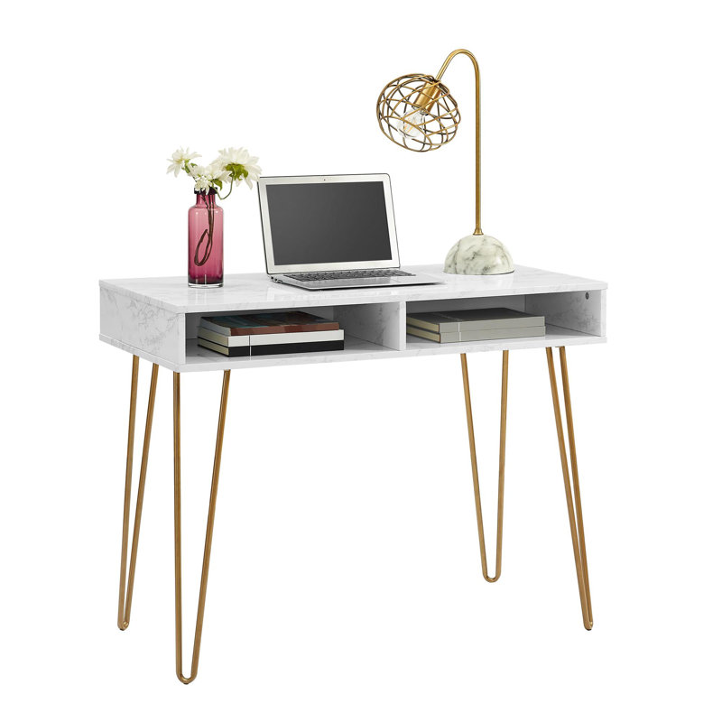 Emily Metal Base Writing Desk, White Marble/Gold