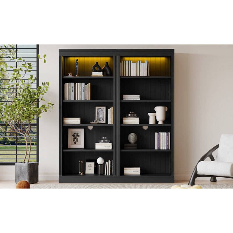 Bibliothèque moderne 5 avec DEL, bois massif, tablettes réglables, noir pour rangement de bureau à effacer, bureau en bois, tableau, stylo