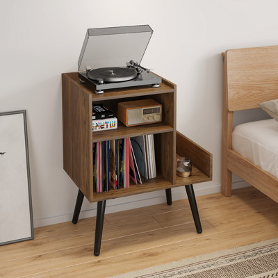 Dark Walnut Vinyl Record Storage Stand With Audio Shelf And Built-In Power Outlet For Living Room by Latitude Run