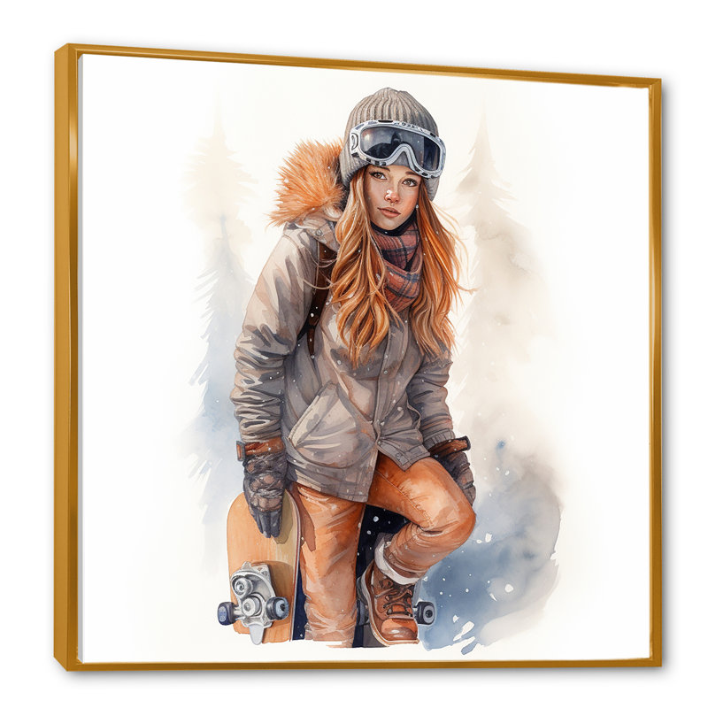 «Skateboarder Charm In Winter I», reproduction sur toile, Cadre flottant doré, H 16 po x l 16 po x P 1 po