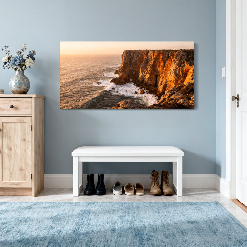 «Landscape & Nature Cliffside Ocean Sunset Landscape», reproduction d'art, H 16 po x l 32 po