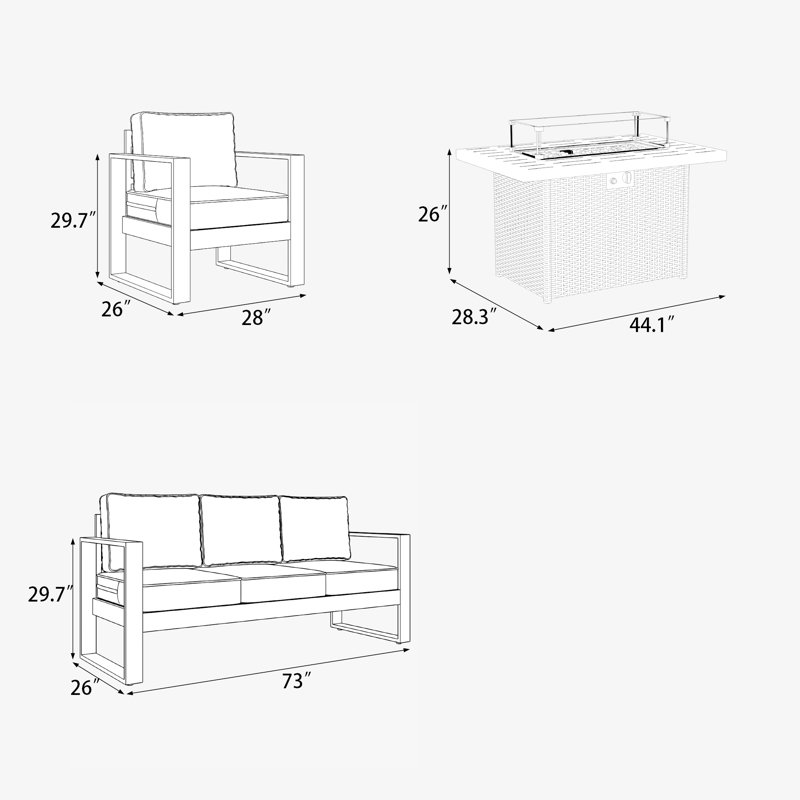 4 Piece Sofa Seating Group With Cushions, Light Grey/Black