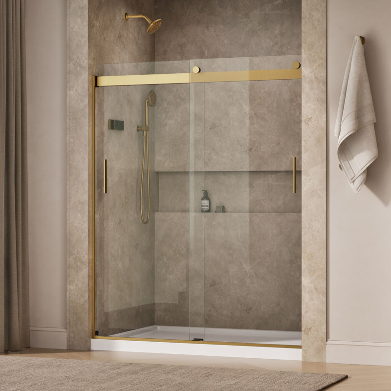 Levity 74" H x 59.63" W Bypass Shower Door with CleanCoat® Technology, Moderne Brass, Crystal Clear