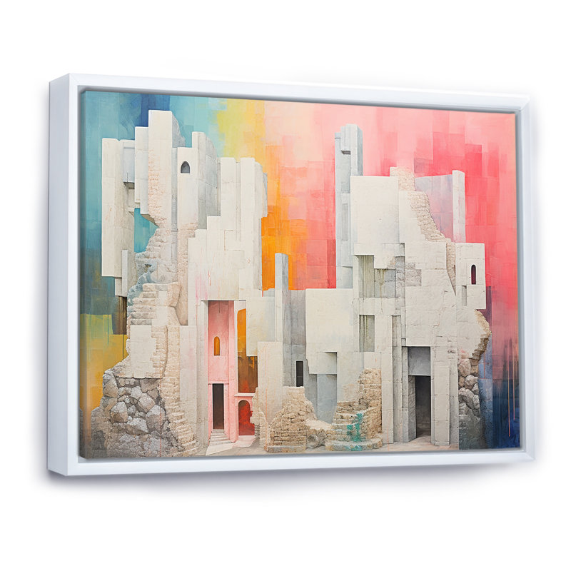 " Bold Pink Pastel Castle I ", White Floater Framed, 30" H x 40" W x 1.5" D