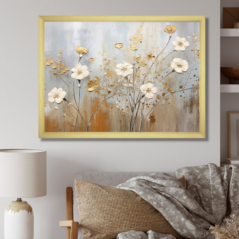 Fleurs sauvages beiges élégance florale V sur toile, H 30 po x l 40 po x P 1,5 po, Cadre doré simple