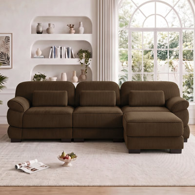 104" 3-Seater Cloud Sofa with Ottoman, Deep Seat Modular Couch with Plush Corduroy Upholstery, Detachable Padded Arms & Lumbar Pillows for Living Room, Bedroom & Apartment