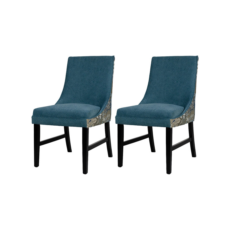 2 PCS High Back Dining Chair with Solid Rubber Legs and Floral-Patterned Back (Beige), Bleu