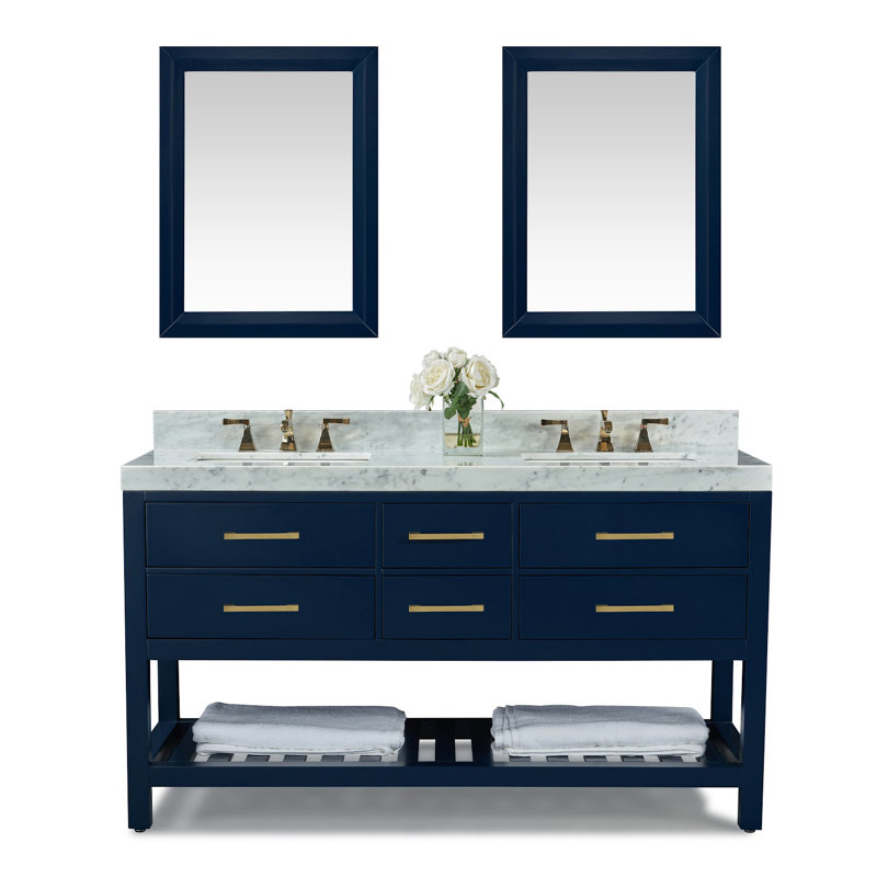 Elizabeth 60'' W Double Vanity, Carrara White, Heritage Blue, Gold
