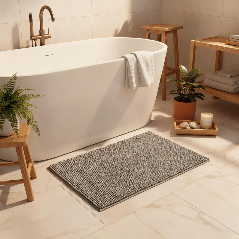 Tapis de bain antidérapant en chenille, tapis de bain gris moelleux, tapis de bain doux et absorbant
