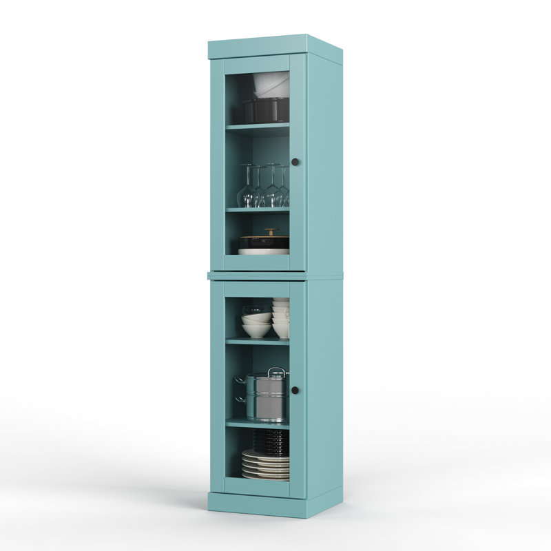 Garde-manger Jaylena 100% bois massif 16,5 po avec portes en verre transparent et tablettes réglables, Bleu aqua