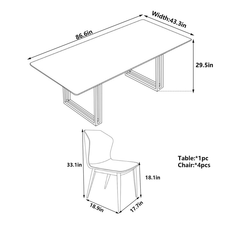 Modern Rectangular Marble Dining Table, 29.5"H x 86.6"L x 43.3"W