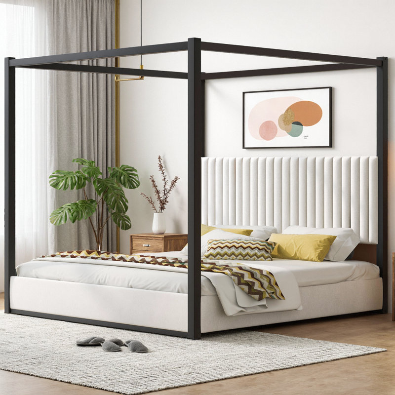 King Size Upholstered Canopy Bed, Platform Bed Frame with Velvet Headboard & Metal Frame, 4-Poster Canopy Bed for Romantic & Modern Bedroom, No Box Spring Needed