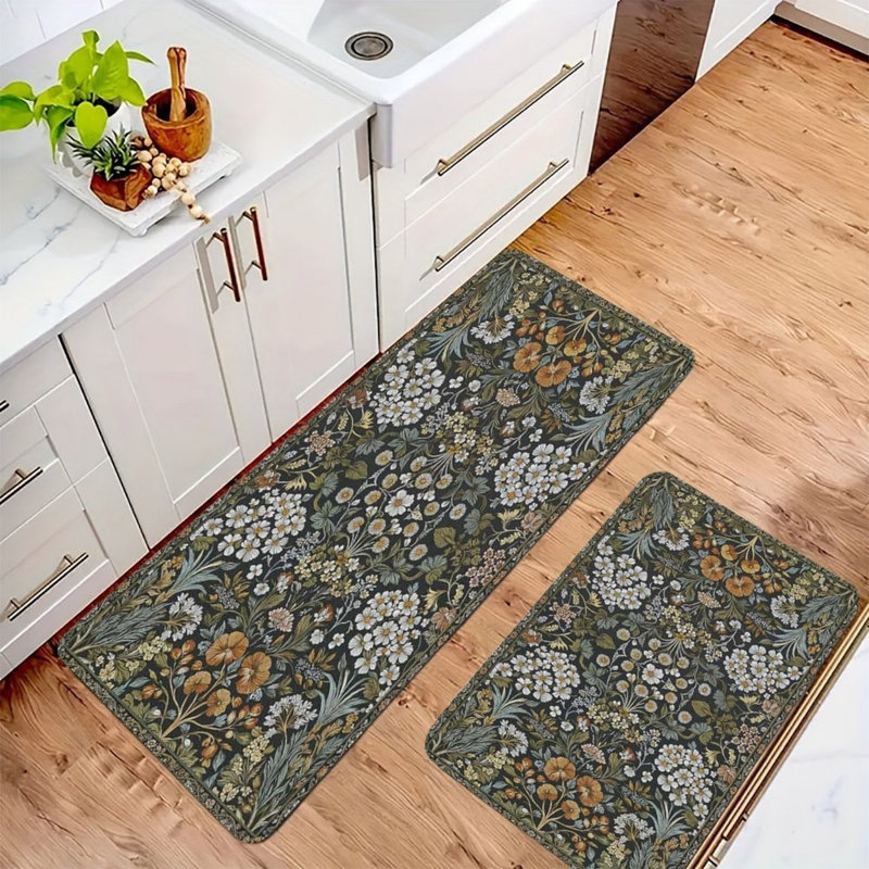 Black Daisy Floral Kitchen Mats, Set Of 2 Traditional Rugs For Kitchen & Hallway