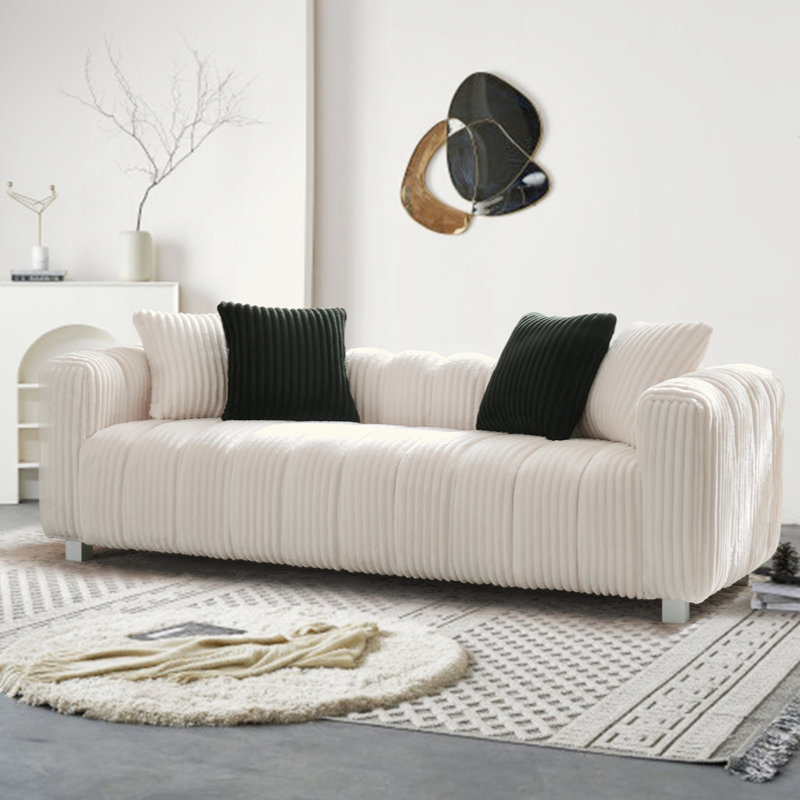 Élégant canapé deux places en velours côtelé, Blanc lait, H 24,41 po x l 80,12 po x P 31,89 po