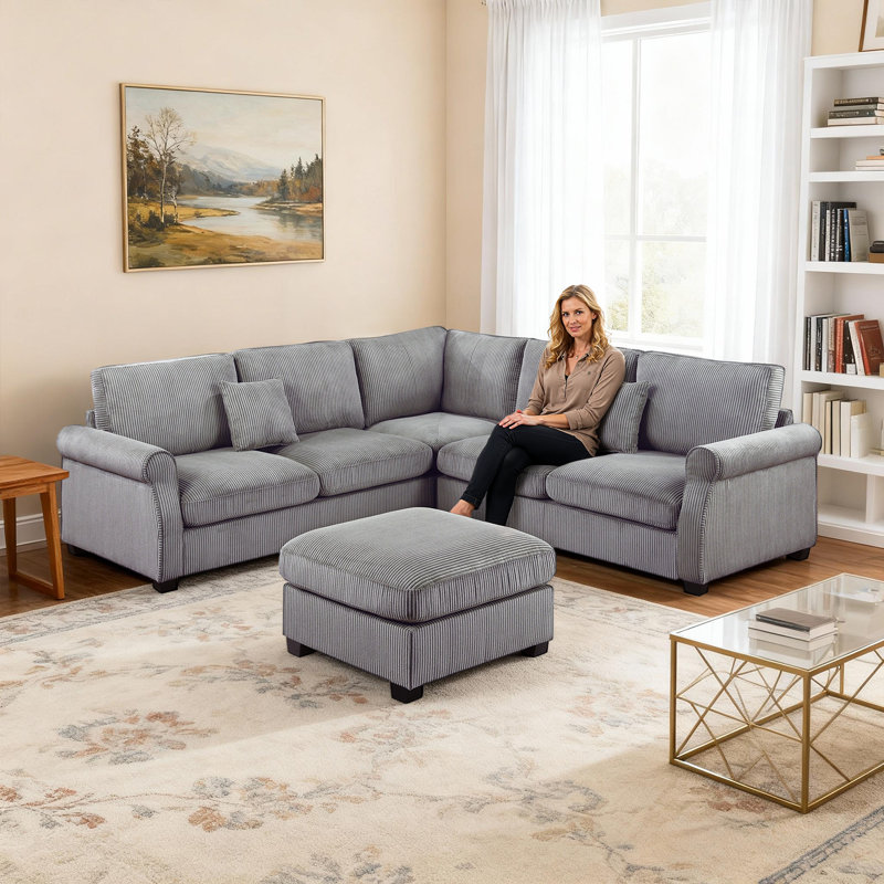 Ensemble de canapé modulaire 4 pièces avec coin en coin et repose-pieds, tissu en velours côtelé en forme de L