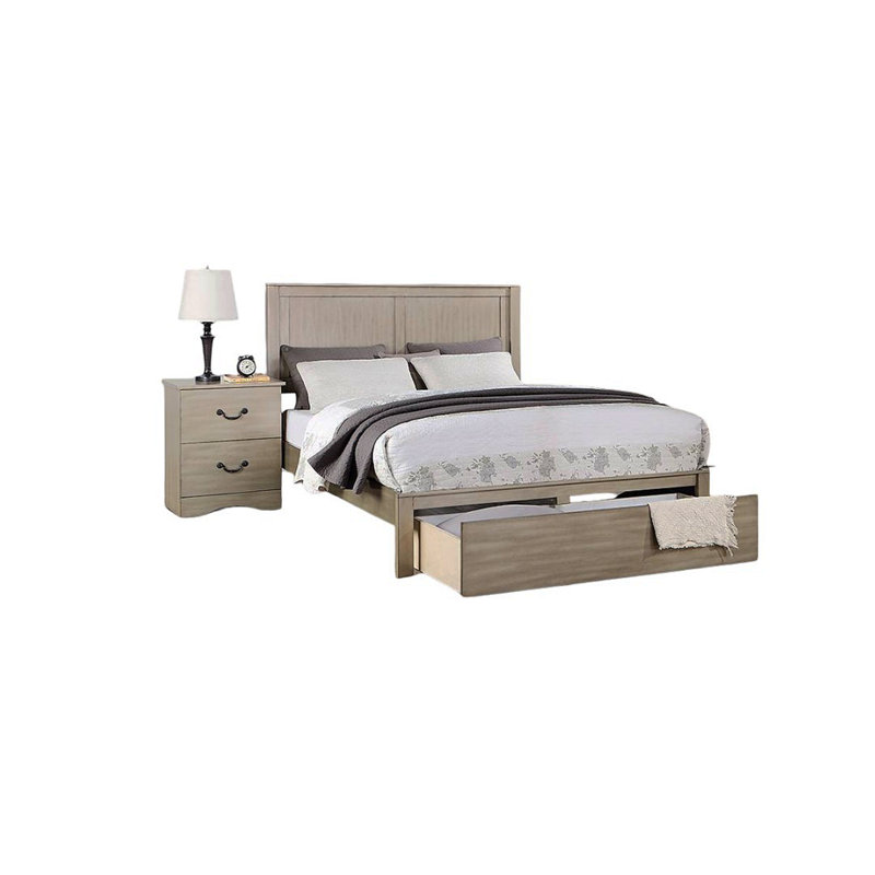 Rustic Style Two Panel Bed Rectangular Shaped Footboard Drawer, California King, Silver
