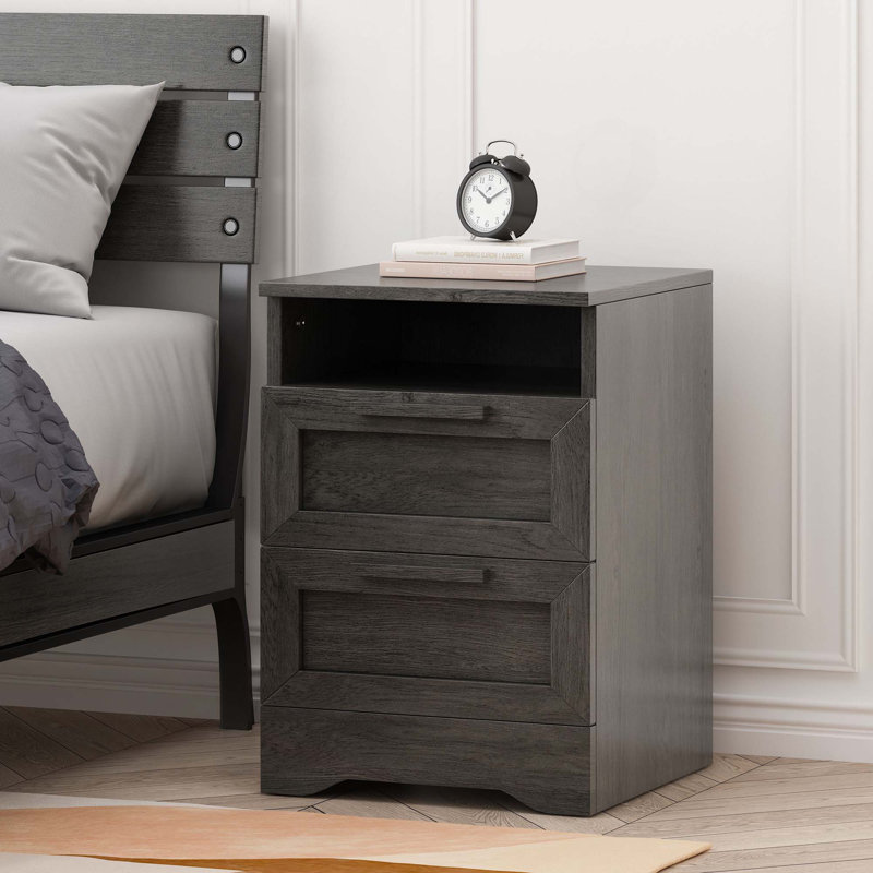 Table de chevet 2 tiroirs avec tablette, Gris