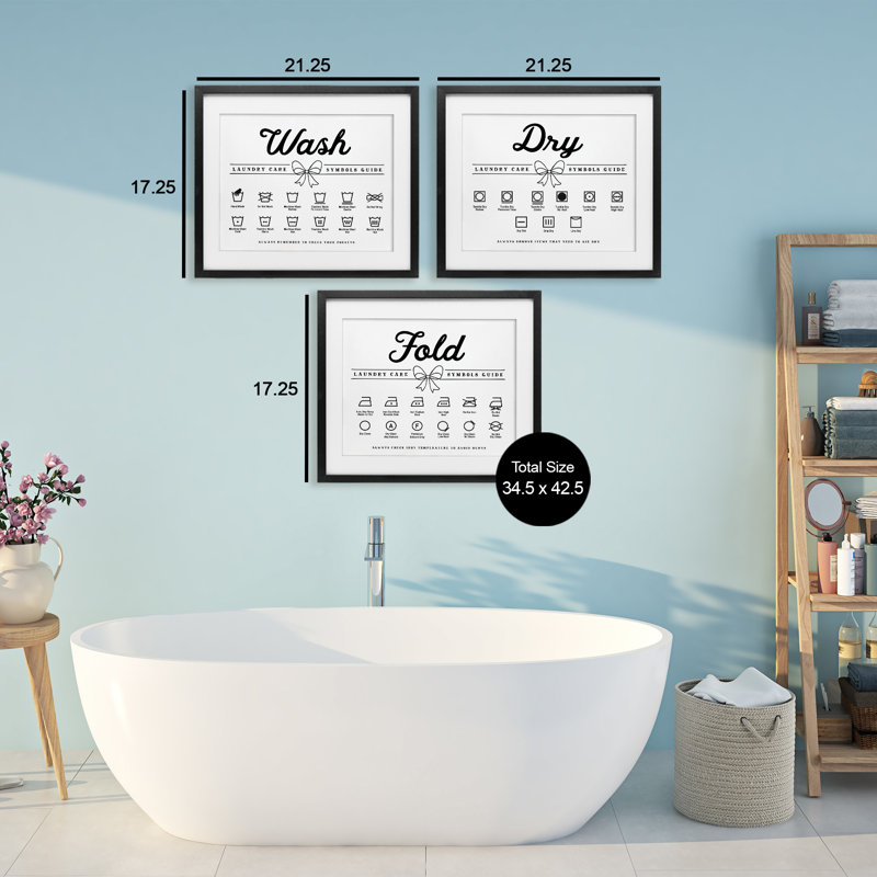 «Wash Laundry Symbols Bow Accent», ensemble de 3 impressions encadrées sous verre, H 17 po x l 63 po, Cadre noir minuit