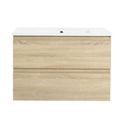 30" Bathroom Vanity Wall Mounted With Ceramic Basin & 2 Soft Close Drawers - Oak Design And Soft-close