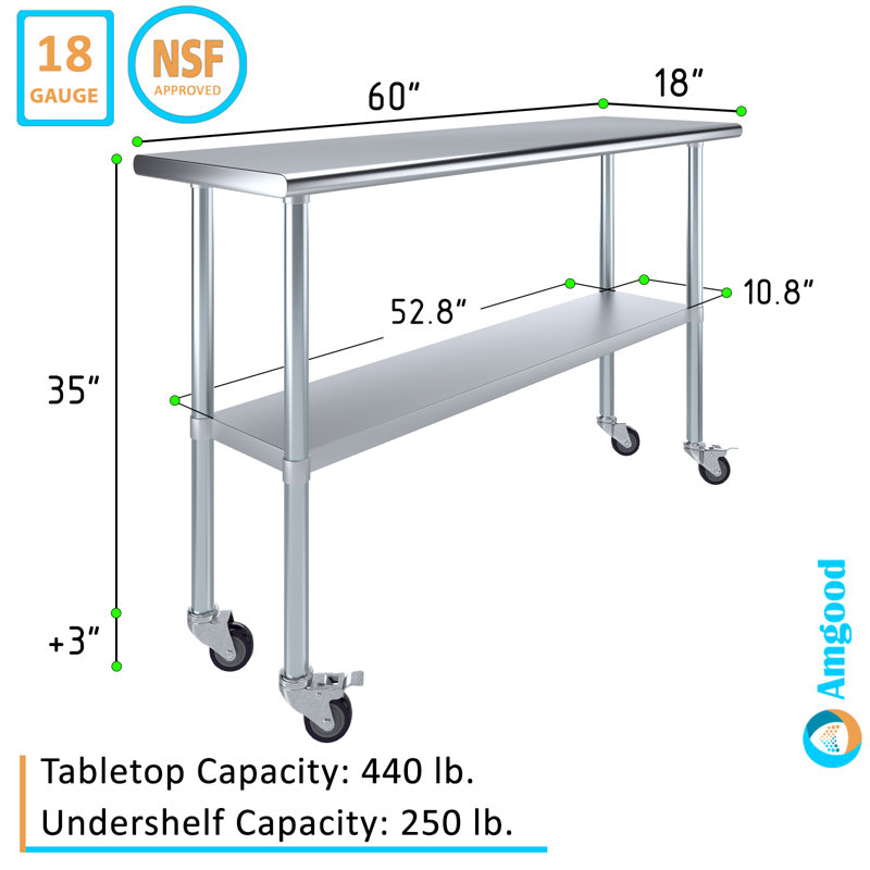 18 po X 60 po Table en acier inoxydable avec roulettes