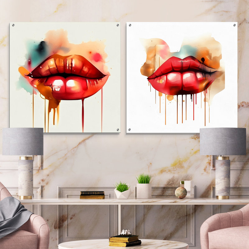 Red Lips Of Luxury I - Fashion - Ensemble d'acryliques muraux en acrylique sur verre, H 16 po x l 33 po