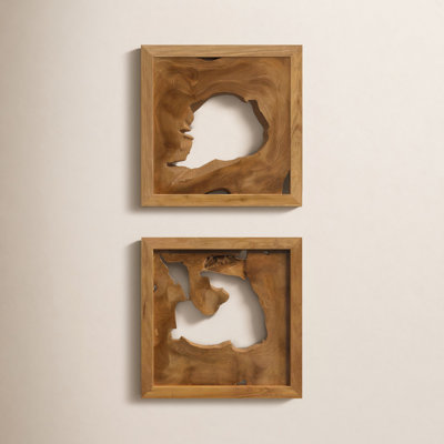  Set of Two Framed Teak Wood Wall Art Cutout Design Decorative Wall Decor for Modern Home Accent Brown Clear Coat Finish