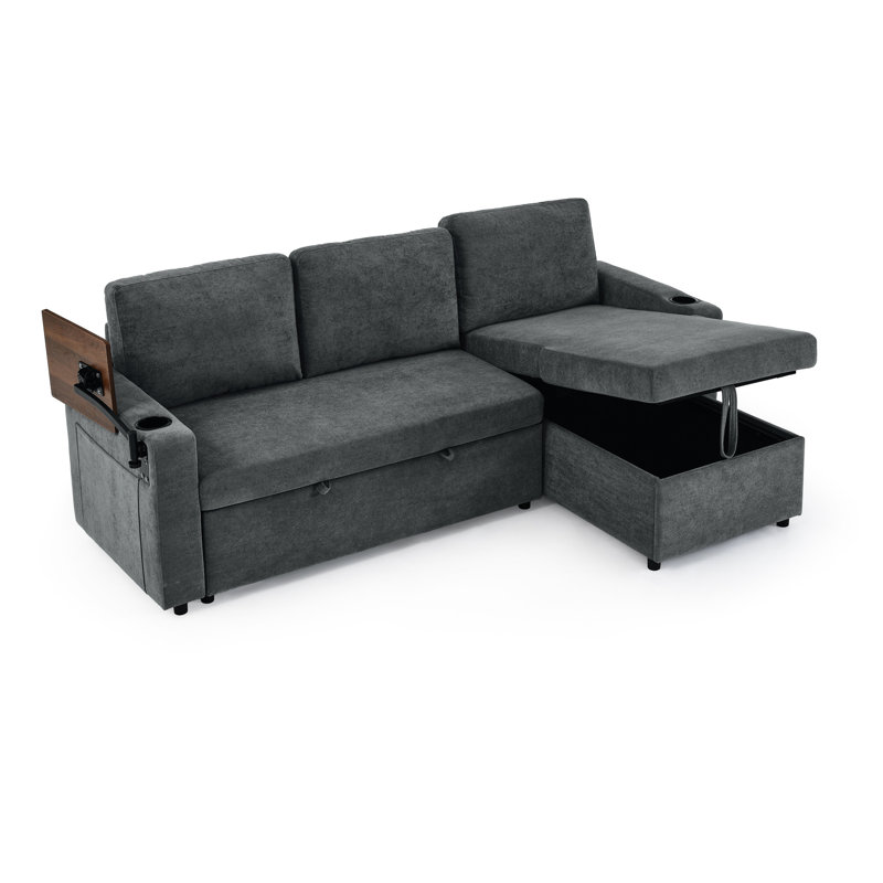 Chenille moderne gris avec lit escamotable, porte-gobelets, rangement et ports de luxe, compartiments de rangement,, Gris
