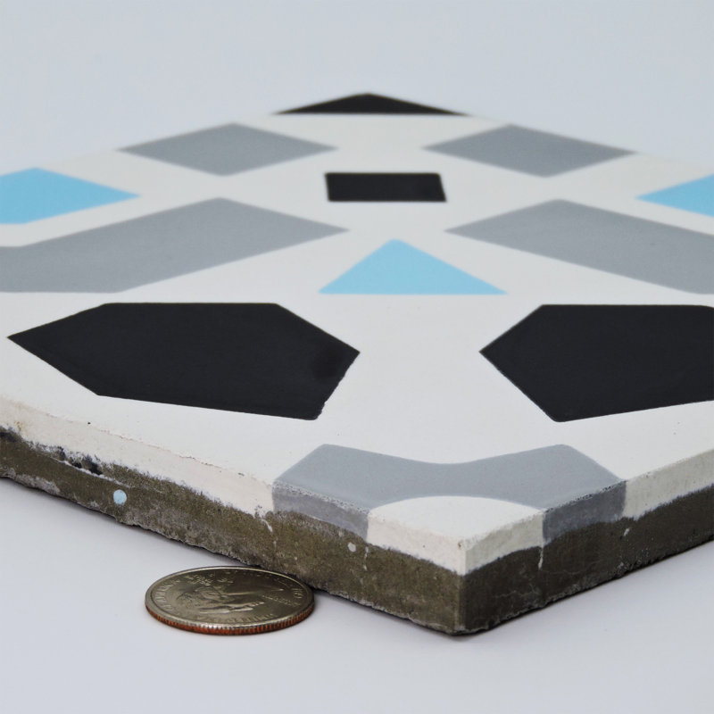 Azilal 8" x 8" Cement Patterned Wall & Floor Tile, Sky Blue/Black/White