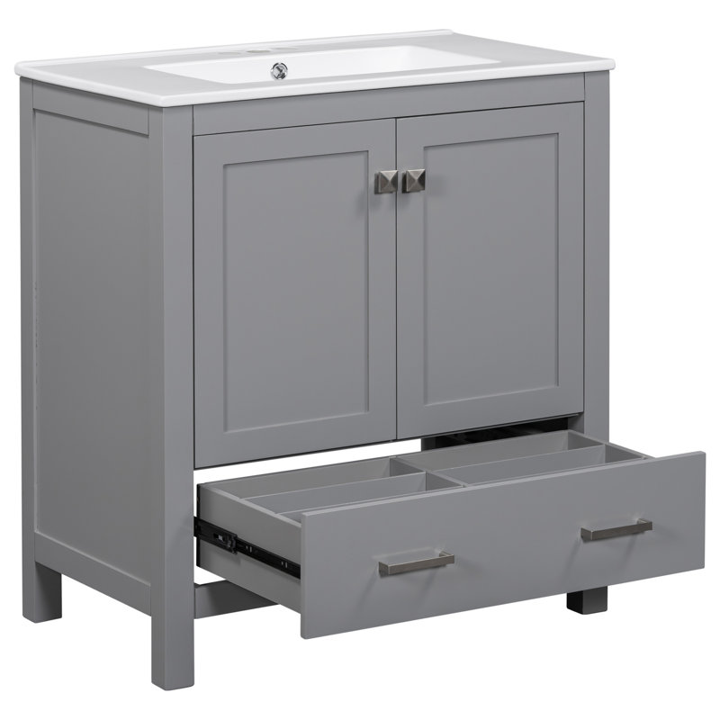 Commode de salle de bain grise de 30 po. Meuble-lavabo simple avec fermeture en douceur. 2 portes et 1 tiroir de rangement. Bois massif fabriqué en gris, construction, lavabo, espace pratique