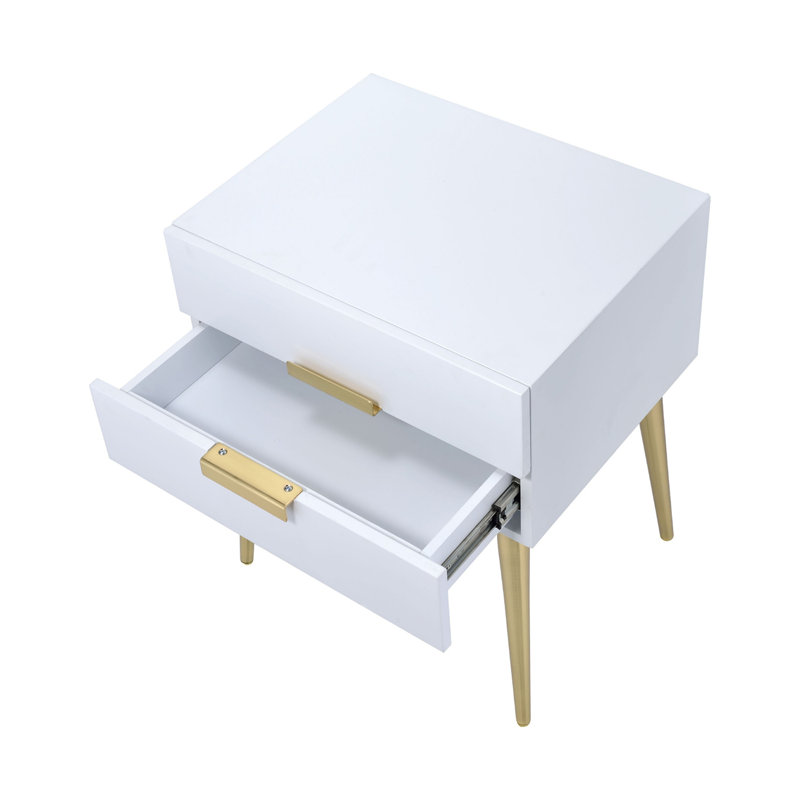 Table de bout rectangulaire en bois avec 2 tiroirs au fini blanc et or