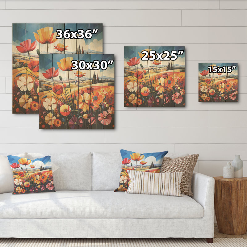 Abstrait harmonie Blooms Field I - prairie, art mural sur bois de pin naturel, H 25 po x l 25 po