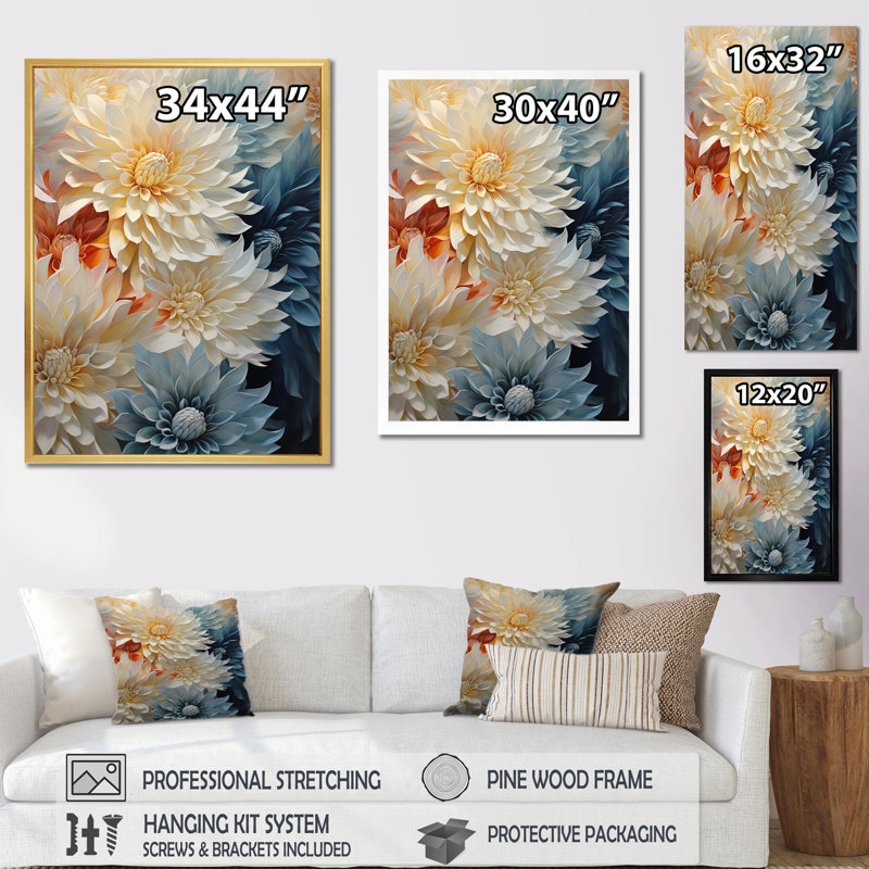 «White Mums In Blue Dream II», reproduction sur toile, Cadre simple blanc, H 32 po x l 24 po x P 1 po
