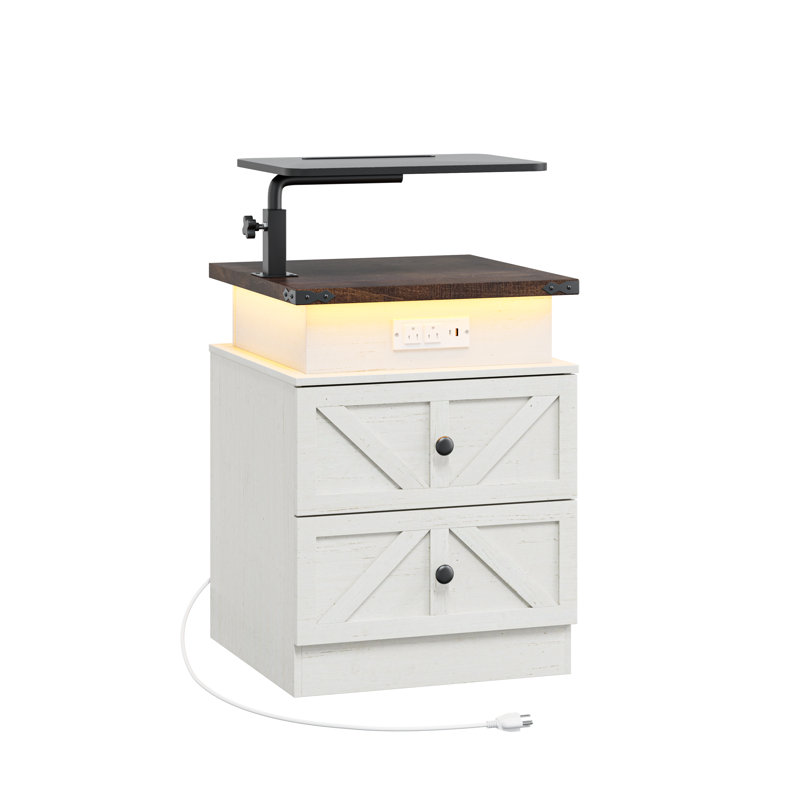 White Farmhouse Night Stands with Charging Station and LED Light