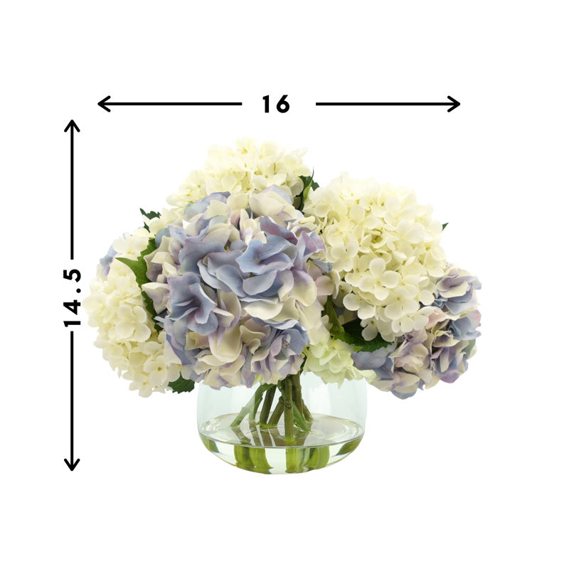Hortensias en vase, Lavande/blanc, H 15 po x l 16 po x P 16 po