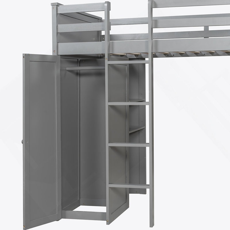 Lit mezzanine simple avec lit autoportant, tablettes, bureau et garde-robe gris (ANCIEN SKU: LT000820AAE)