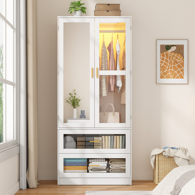 Armoire 2 portes H 71 po avec capteur DEL, miroir en acrylique, tiroirs et tringle, Blanc