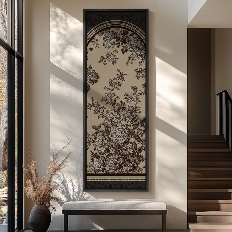 Arche botanique classique avec motif floral complexe - reproduction d'art sur toile encadrée, Noir