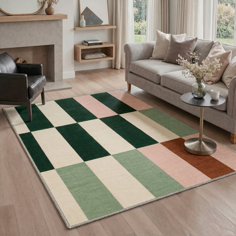 Liadan Stria Geometric Machine Washable Green / Beige / Pink Indoor Area Rug with Non-Slip Backing, Rectangle 5' x 7'