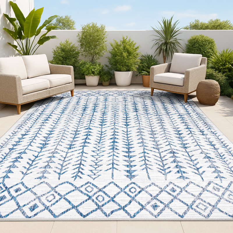 Allain Bohemian Geometric Ivory/Blue Indoor/Outdoor Rug, Rectangle 7'9" x 10'