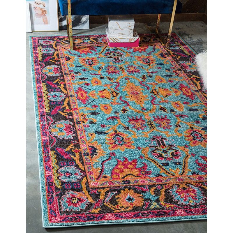 Bleu oriental/rose/brun Tapis décoratif Dauphine, Rectangle 5 pi x 8 pi