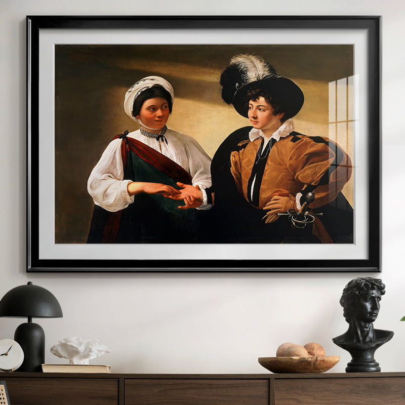 The Fortune Teller (version du Louvre) - Caravage - reproduction encadrée avec passe-partout et verre - c. 1595, 26,5 x 36,5