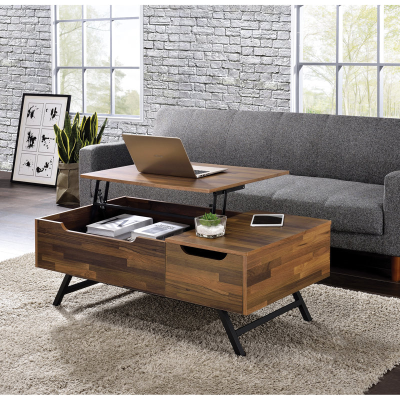 Table basse moderne en noyer avec plateau relevable et caractéristiques incluses