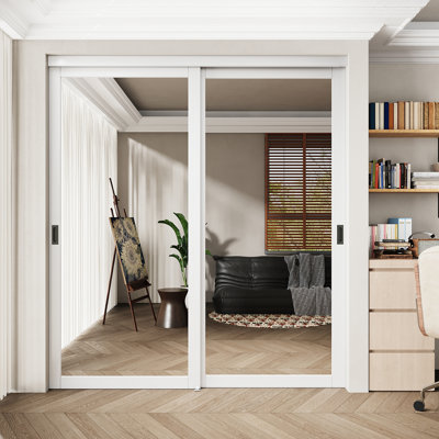 60"x 96" Primed White Interior Mirror Full Lite Sliding Closet Door For Pantry & Closet With Full Hardware Kit