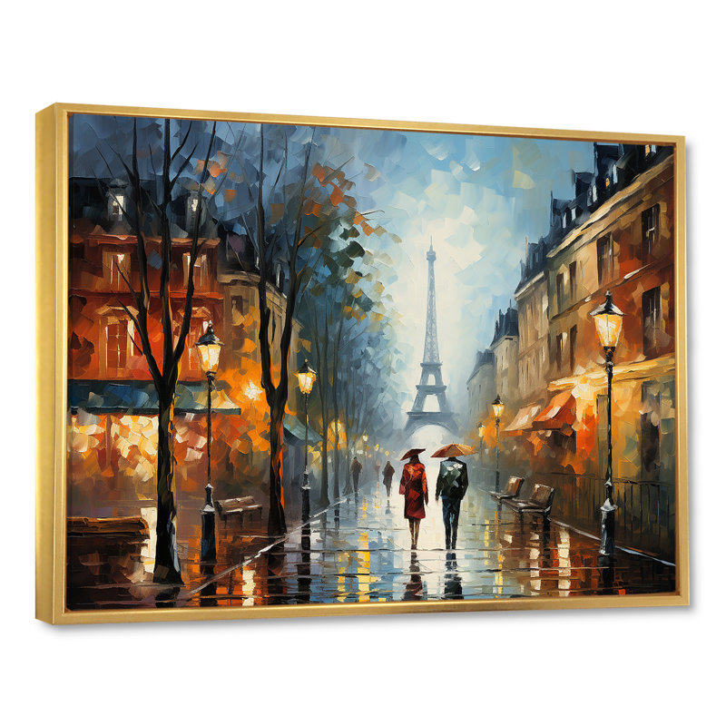 Couple romantique à Paris II - Art mural de la ville de Paris,  H 34 po x l 44 po x P 1,5 po, Cadre flottant doré