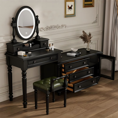 Black Retro Extendable Solid Wood Vanity and Storage Cabinets With a Mirror and a Stool
